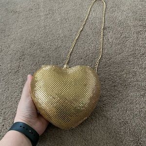 gold mesh heart shaped purse on gold chain